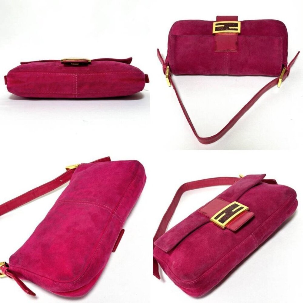 Authentic FENDI Mamma Baguette Pink Suede Gold Glitter Flap Shoulder Bag Purse - Picture 3 of 8